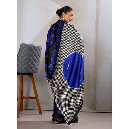 Generic Women's Satin Crepe Printed Saree With Unstitched Blouse 5.5Mtr (Blue)