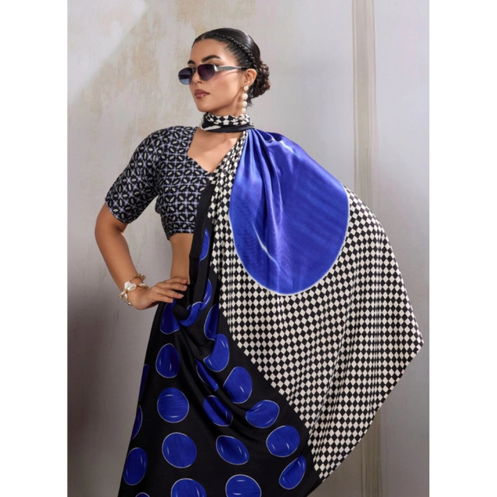 Generic Women's Satin Crepe Printed Saree With Unstitched Blouse 5.5Mtr (Blue)