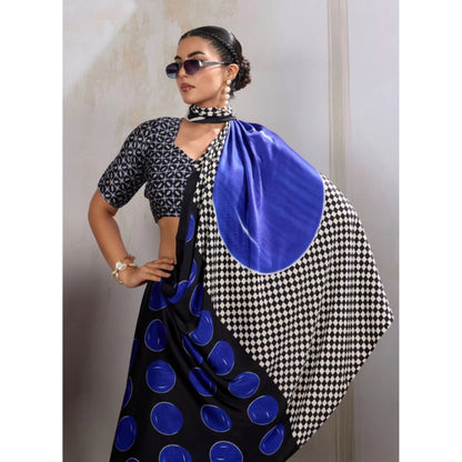 Generic Women's Satin Crepe Printed Saree With Unstitched Blouse 5.5Mtr (Blue)