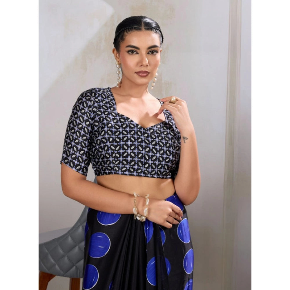 Generic Women's Satin Crepe Printed Saree With Unstitched Blouse 5.5Mtr (Blue)