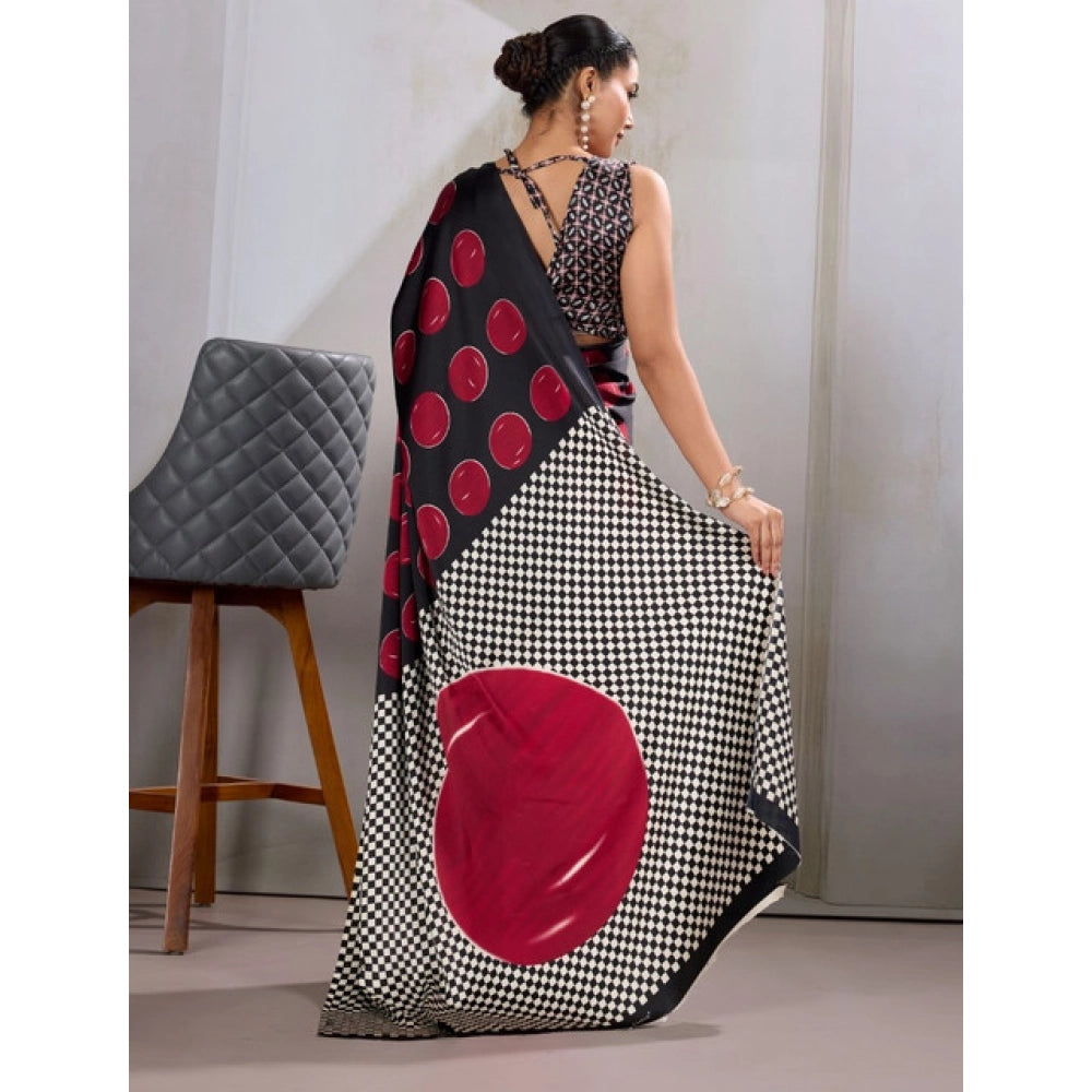 Generic Women's Satin Crepe Printed Saree With Unstitched Blouse 5.5Mtr (Maroon)