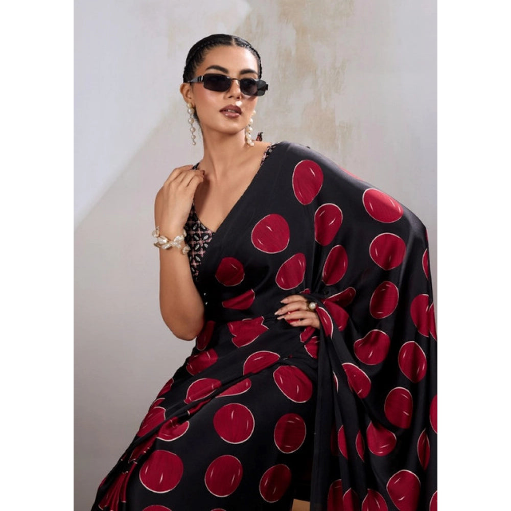 Generic Women's Satin Crepe Printed Saree With Unstitched Blouse 5.5Mtr (Maroon)