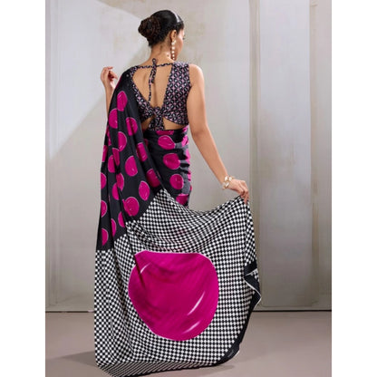 Generic Women's Satin Crepe Printed Saree With Unstitched Blouse 5.5Mtr (Pink)