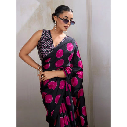 Generic Women's Satin Crepe Printed Saree With Unstitched Blouse 5.5Mtr (Pink)