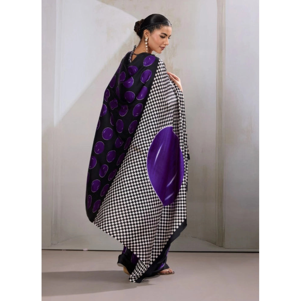 Generic Women's Satin Crepe Printed Saree With Unstitched Blouse 5.5Mtr (Purple)