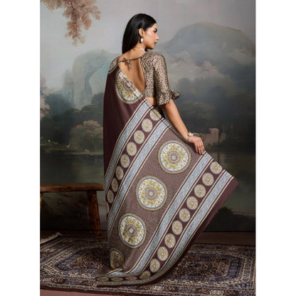 Generic Women's Satin Crepe Printed Saree With Unstitched Blouse 5.5Mtr (Brown)