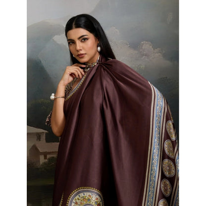 Generic Women's Satin Crepe Printed Saree With Unstitched Blouse 5.5Mtr (Brown)