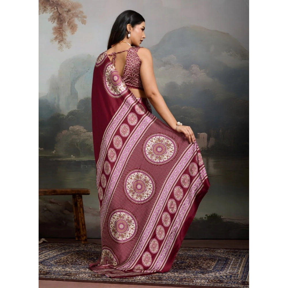 Generic Women's Satin Crepe Printed Saree With Unstitched Blouse 5.5Mtr (Maroon)