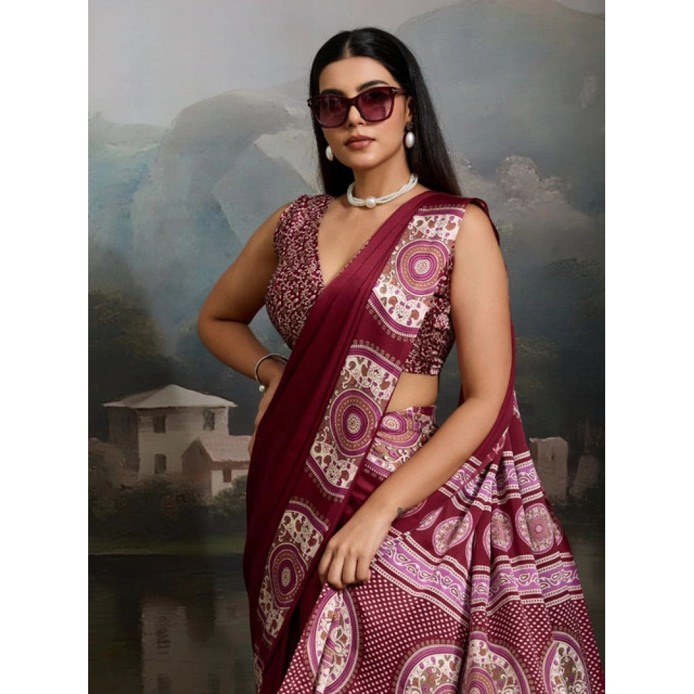Generic Women's Satin Crepe Printed Saree With Unstitched Blouse 5.5Mtr (Maroon)