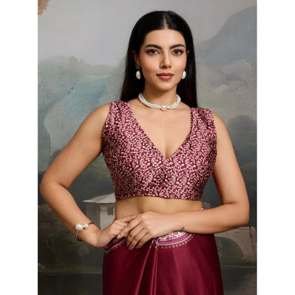 Generic Women's Satin Crepe Printed Saree With Unstitched Blouse 5.5Mtr (Maroon)