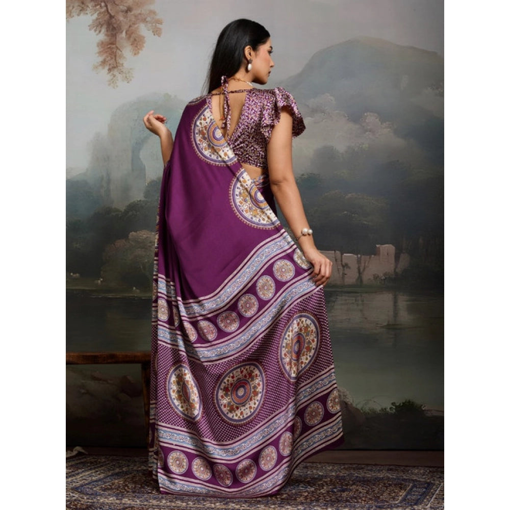 Generic Women's Satin Crepe Printed Saree With Unstitched Blouse 5.5Mtr (Purple)