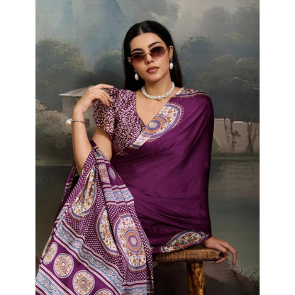 Generic Women's Satin Crepe Printed Saree With Unstitched Blouse 5.5Mtr (Purple)