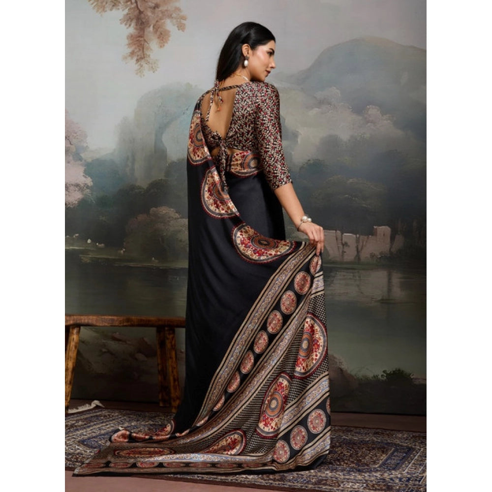 Generic Women's Satin Crepe Printed Saree With Unstitched Blouse 5.5Mtr (Black)
