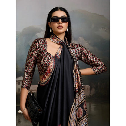 Generic Women's Satin Crepe Printed Saree With Unstitched Blouse 5.5Mtr (Black)