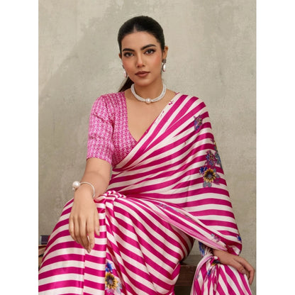 Generic Women's Satin Crepe Printed Saree With Unstitched Blouse 5.5Mtr (Pink)