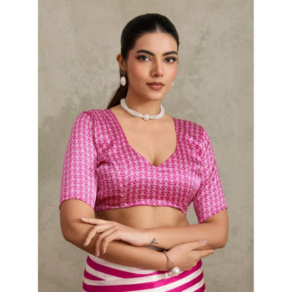 Generic Women's Satin Crepe Printed Saree With Unstitched Blouse 5.5Mtr (Pink)