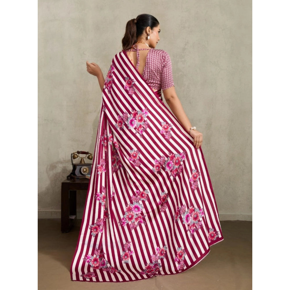 Generic Women's Satin Crepe Printed Saree With Unstitched Blouse 5.5Mtr (Maroon)