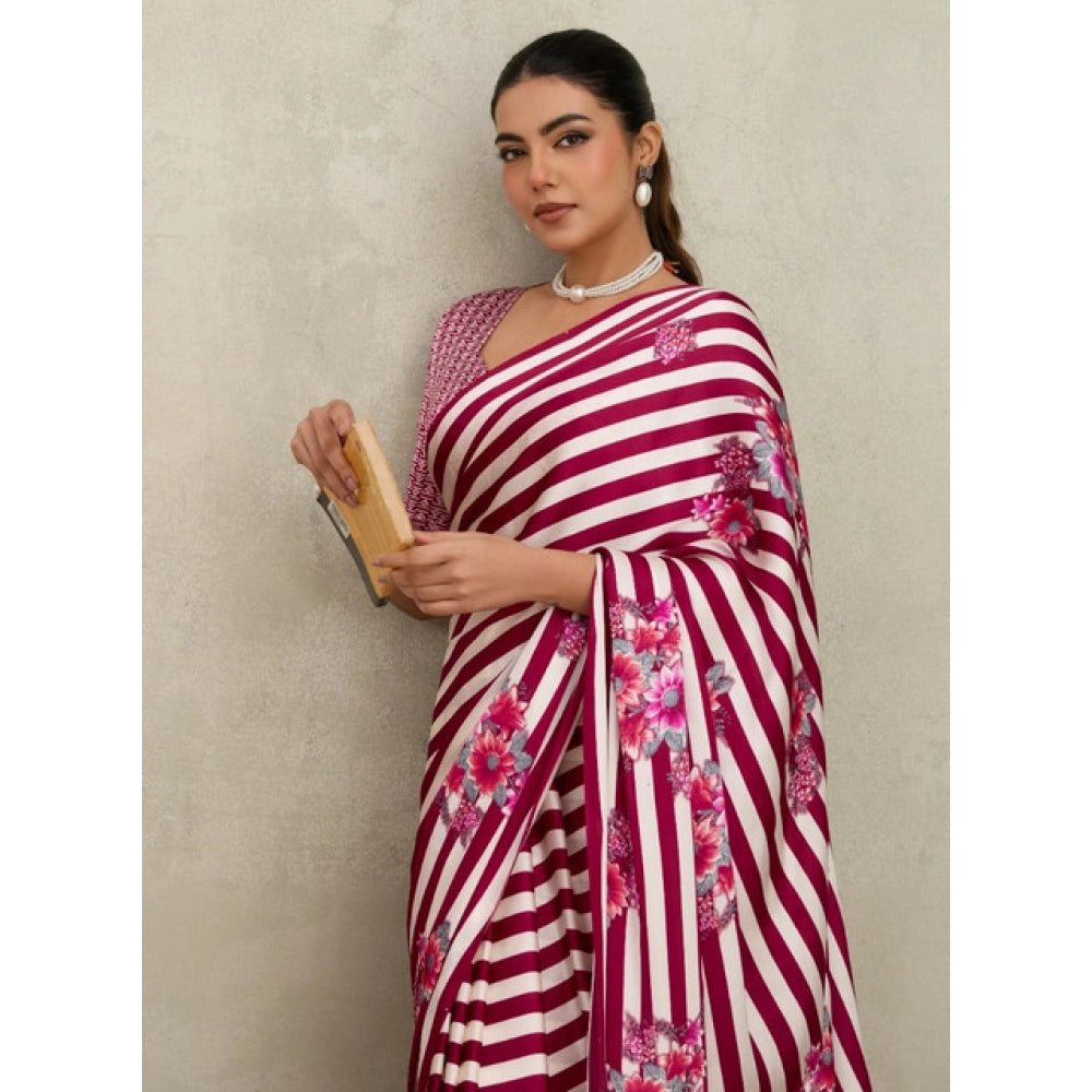 Generic Women's Satin Crepe Printed Saree With Unstitched Blouse 5.5Mtr (Maroon)