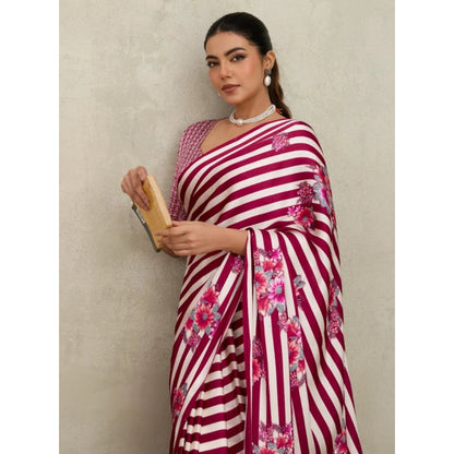 Generic Women's Satin Crepe Printed Saree With Unstitched Blouse 5.5Mtr (Maroon)