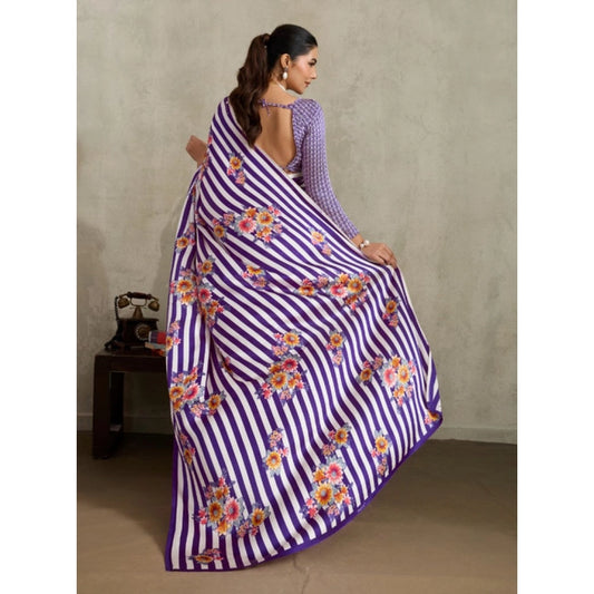 Generic Women's Satin Crepe Printed Saree With Unstitched Blouse 5.5Mtr (Purple)