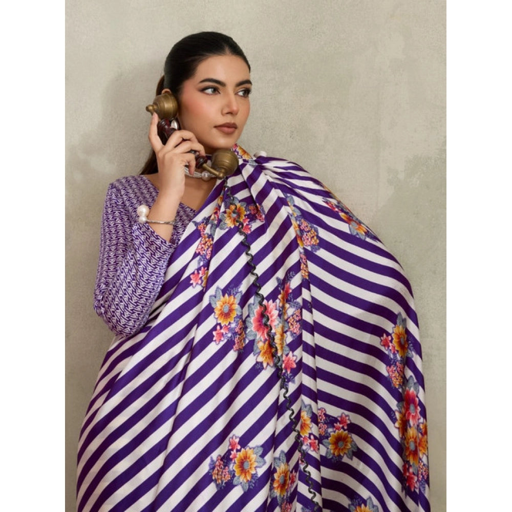 Generic Women's Satin Crepe Printed Saree With Unstitched Blouse 5.5Mtr (Purple)