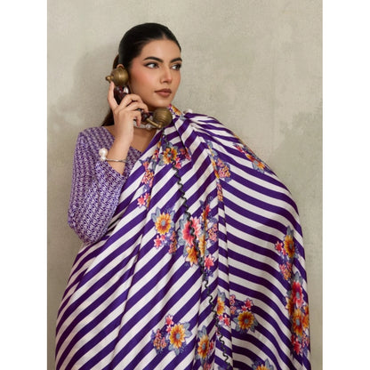 Generic Women's Satin Crepe Printed Saree With Unstitched Blouse 5.5Mtr (Purple)