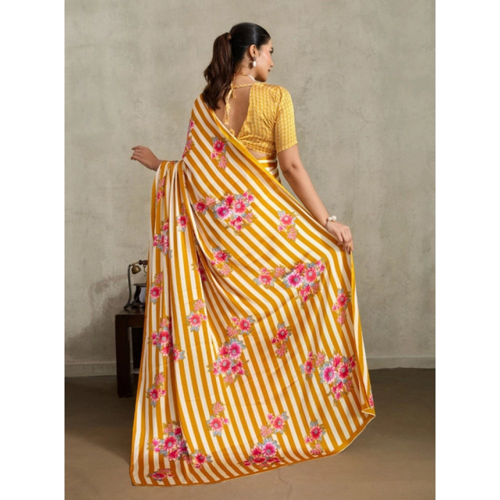 Generic Women's Satin Crepe Printed Saree With Unstitched Blouse 5.5Mtr (Mustard)