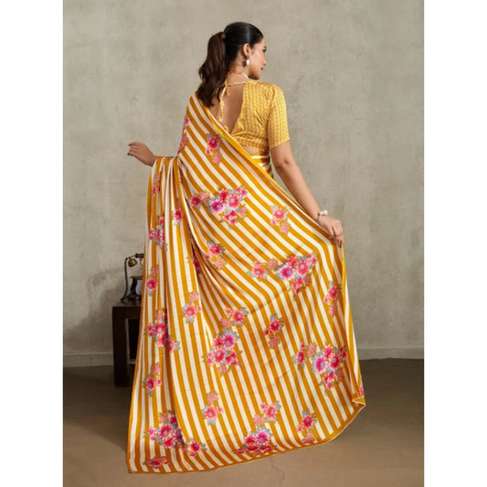 Generic Women's Satin Crepe Printed Saree With Unstitched Blouse 5.5Mtr (Mustard)