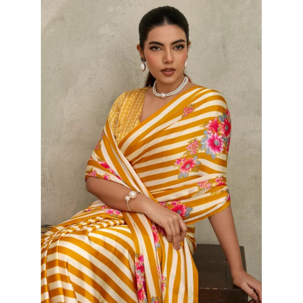 Generic Women's Satin Crepe Printed Saree With Unstitched Blouse 5.5Mtr (Mustard)