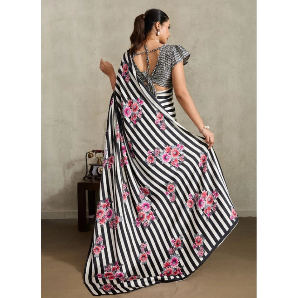 Generic Women's Satin Crepe Printed Saree With Unstitched Blouse 5.5Mtr (Black)
