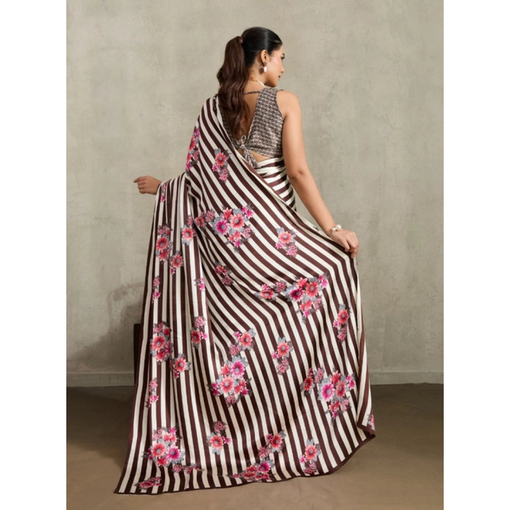 Generic Women's Satin Crepe Printed Saree With Unstitched Blouse 5.5Mtr (Brown)