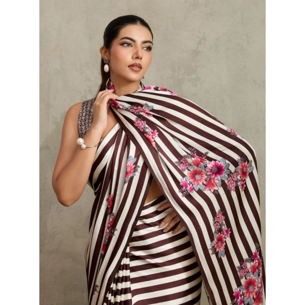 Generic Women's Satin Crepe Printed Saree With Unstitched Blouse 5.5Mtr (Brown)