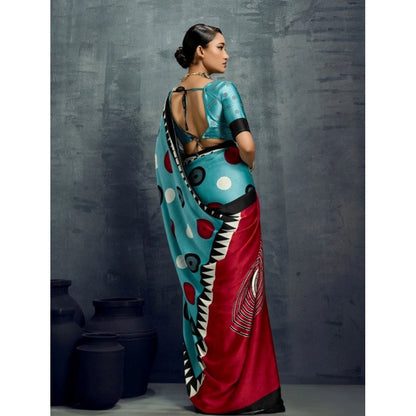 Generic Women's Satin Crepe Printed Saree With Unstitched Blouse 5.5Mtr (Sky Blue)