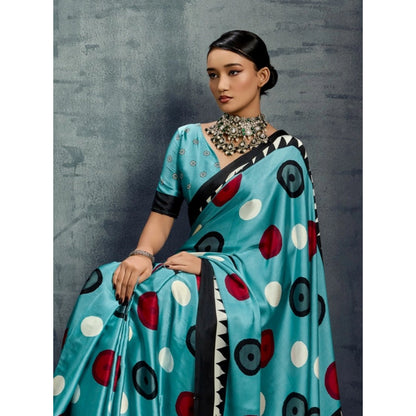 Generic Women's Satin Crepe Printed Saree With Unstitched Blouse 5.5Mtr (Sky Blue)