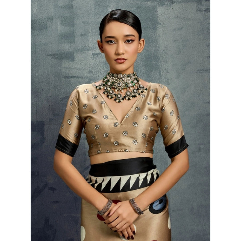 Generic Women's Satin Crepe Printed Saree With Unstitched Blouse 5.5Mtr (Multicolor)