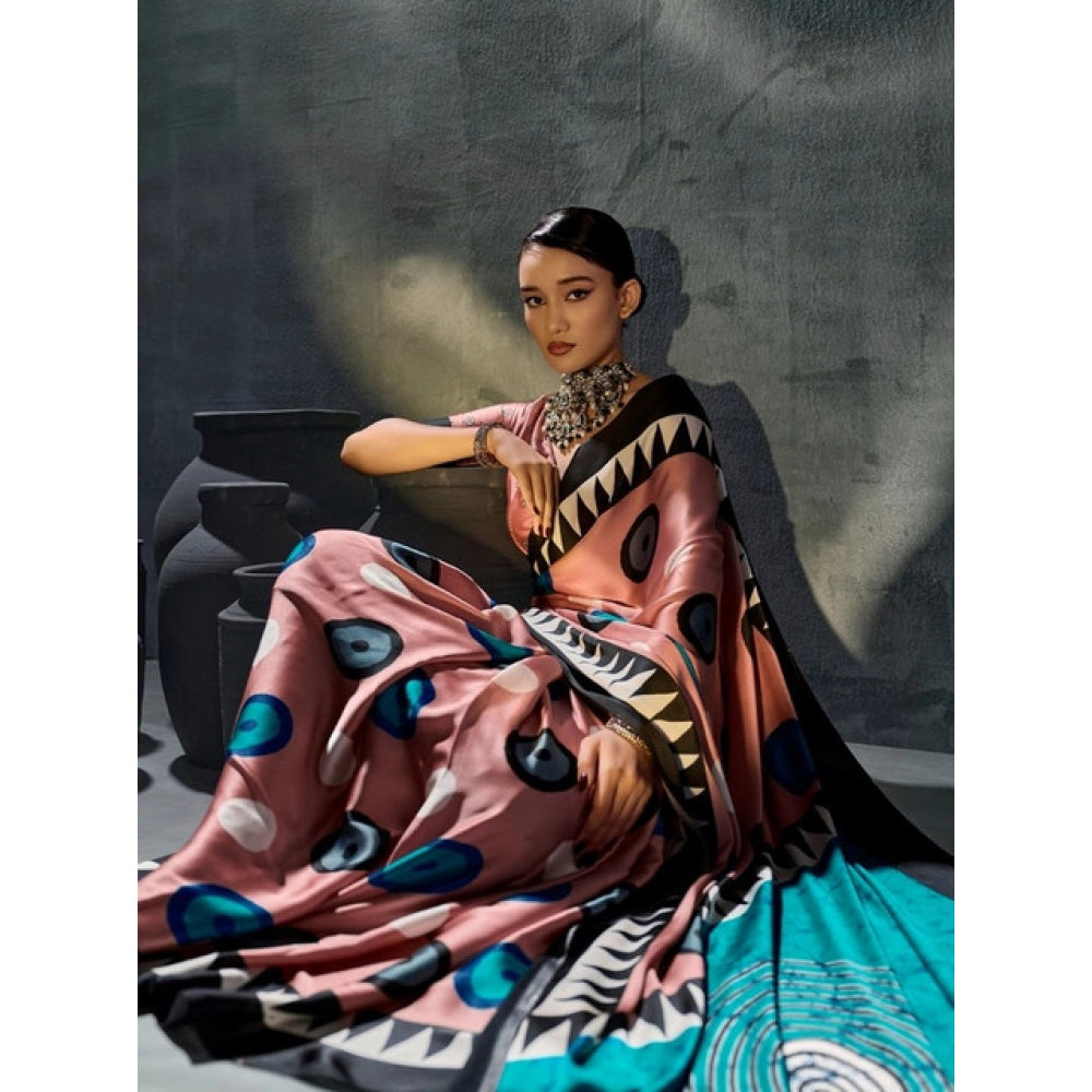 Generic Women's Satin Crepe Printed Saree With Unstitched Blouse 5.5Mtr (Multicolor)