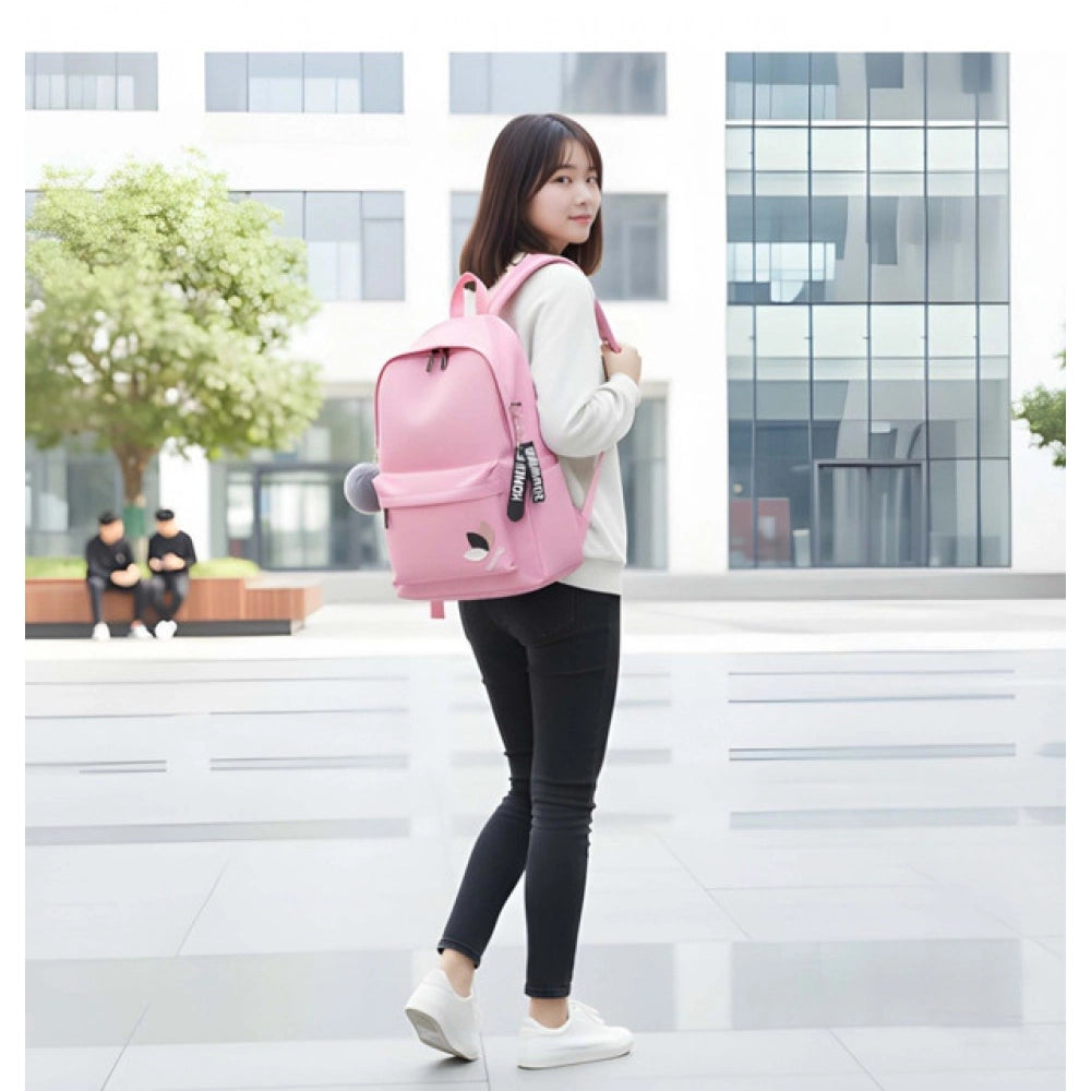 Generic Unisex PU Leather Solid Medium Zipper Backpack (Pink)