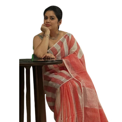 Generic Women's Linen Printed Saree With Unstitched Blouse 5.5Mtr (Multicolor)