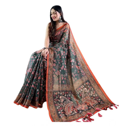 Generic Women's Linen Printed Saree With Unstitched Blouse 5.5Mtr (Green)