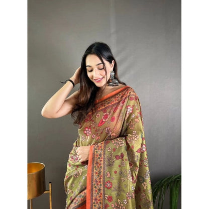 Generic Women's Linen Printed Saree With Unstitched Blouse 5.5Mtr (Sea Green)