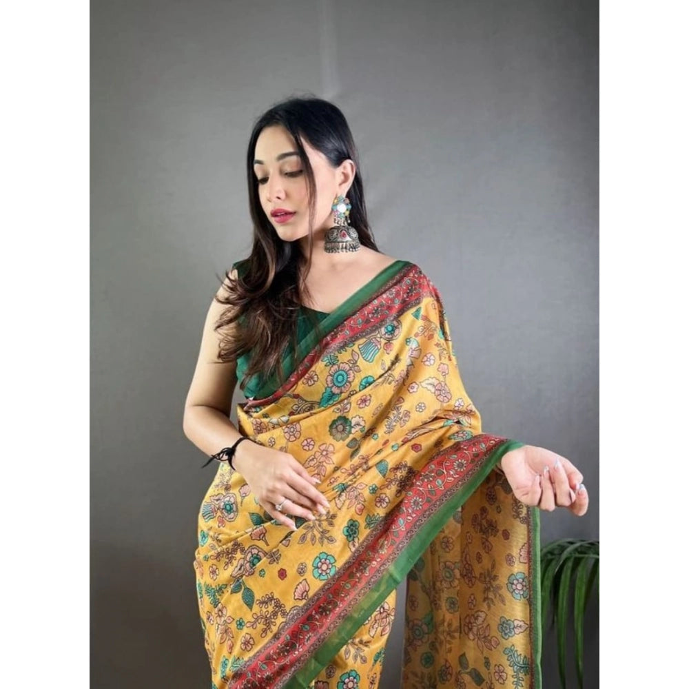 Generic Women's Linen Printed Saree With Unstitched Blouse 5.5Mtr (Yellow)