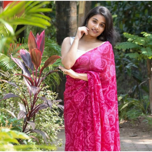 Generic Women's Georgette Printed Saree With Unstitched Blouse 5.5Mtr (Pink)