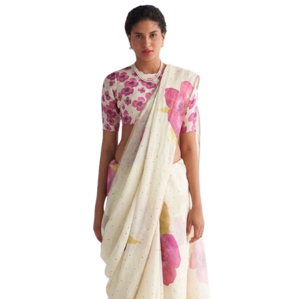 Generic Women's Linen Printed Saree With Unstitched Blouse 5.5Mtr (White)