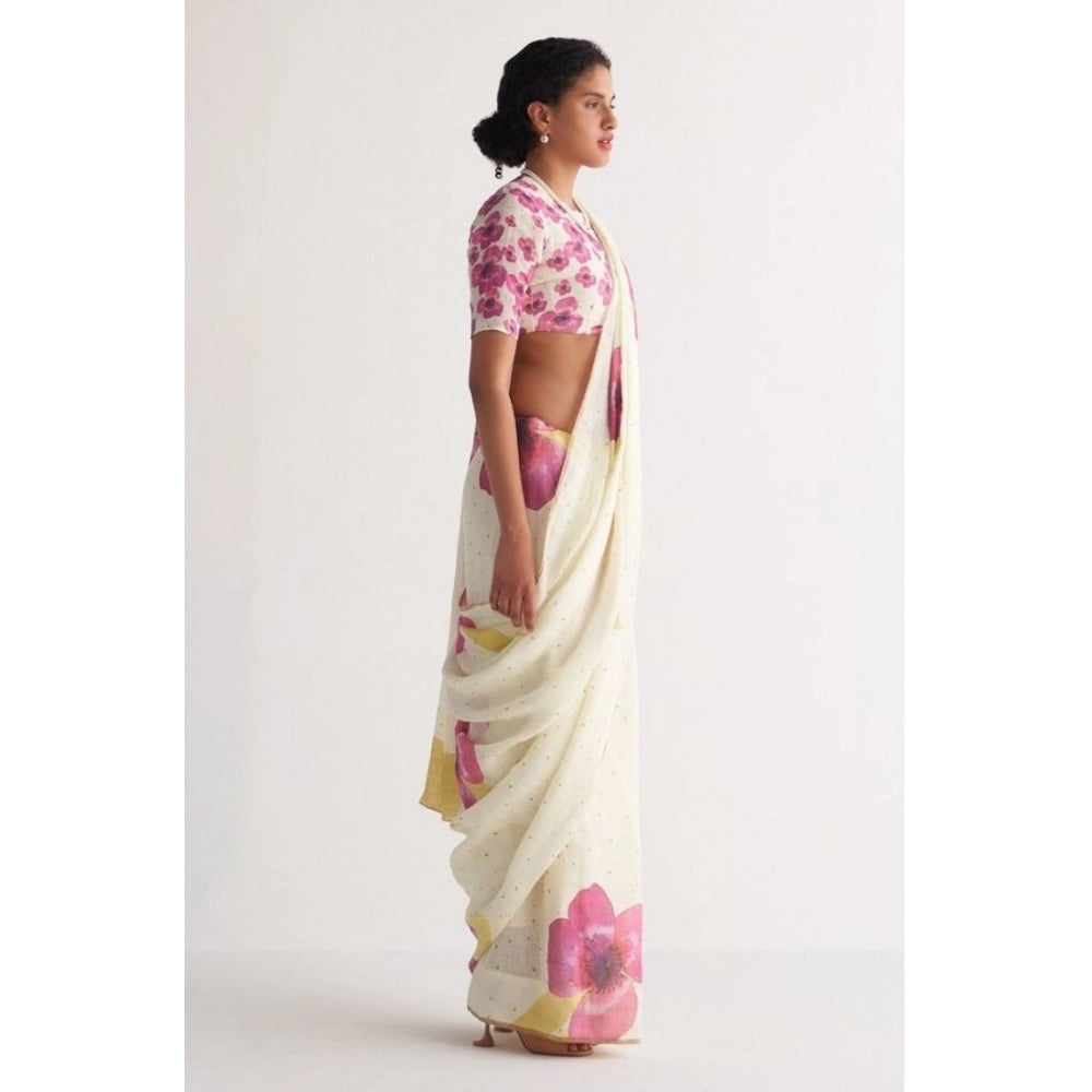 Generic Women's Linen Printed Saree With Unstitched Blouse 5.5Mtr (White)