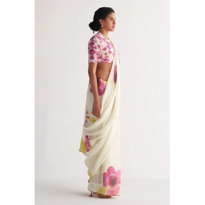 Generic Women's Linen Printed Saree With Unstitched Blouse 5.5Mtr (White)