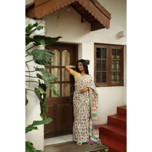 Generic Women's Linen Printed Saree With Unstitched Blouse 5.5Mtr (Multicolor)