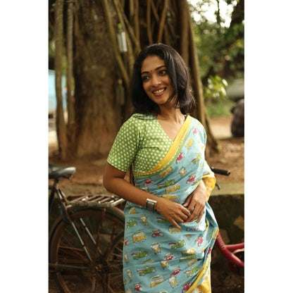 Generic Women's Linen Printed Saree With Unstitched Blouse 5.5Mtr (Blue)