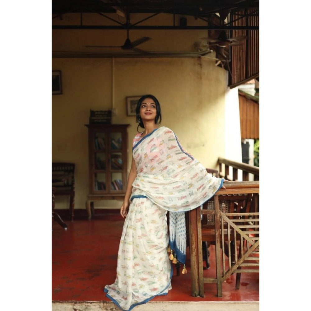 Generic Women's Linen Printed Saree With Unstitched Blouse 5.5Mtr (White)