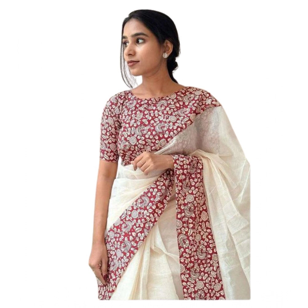Generic Women's Linen Printed Saree With Unstitched Blouse 5.5Mtr (White)