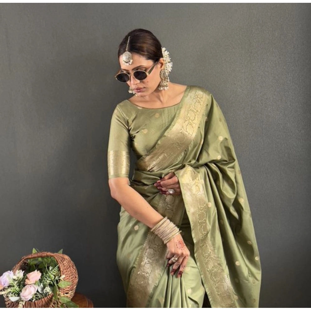 Generic Women's Satin Printed Saree With Unstitched Blouse 5.5Mtr (Green)